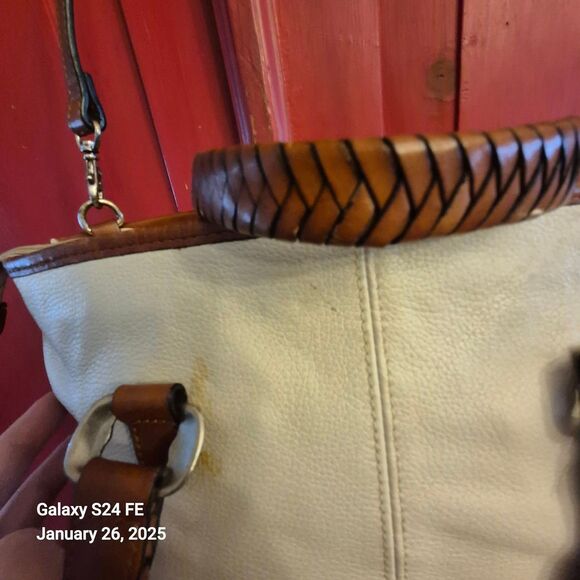 Vintage Fossil Purse Ivory Pebbled Leather Woven Handles Strap Western READ - Picture 8 of 9